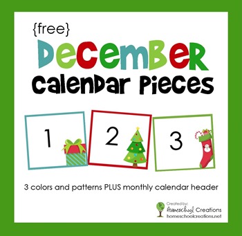 Pocket Chart Calendar Cards for the month of December