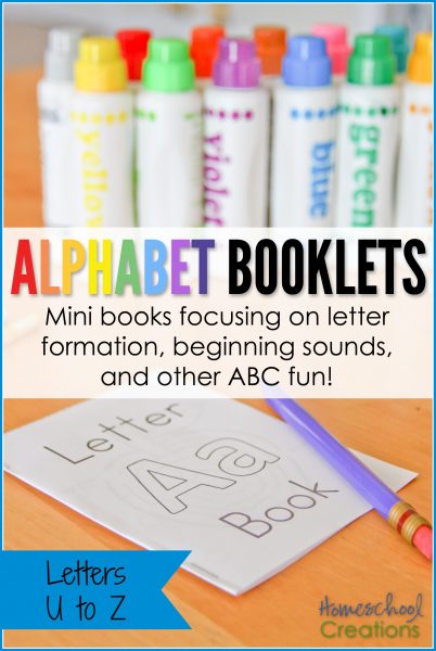 Mini alphabet booklets - letters U to Z printable from Homeschool Creations