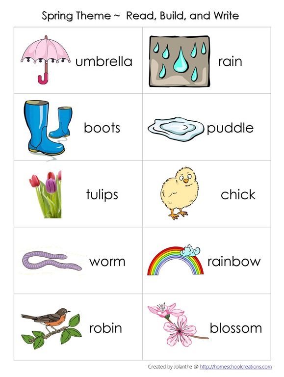 Spring Theme Vocabulary Read Build Write Cards