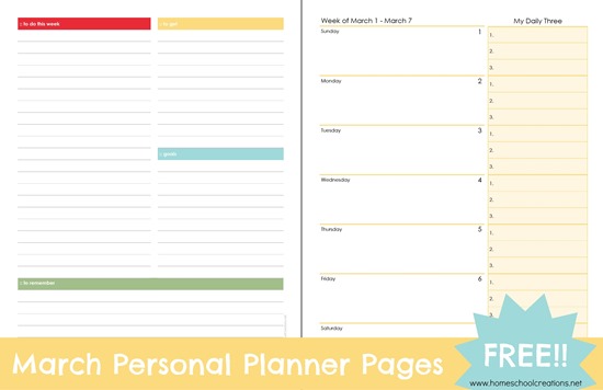 Daily Planning Pages printable - free download for March. Also link to the FULL 2015 Daily Planner - get organized this year.