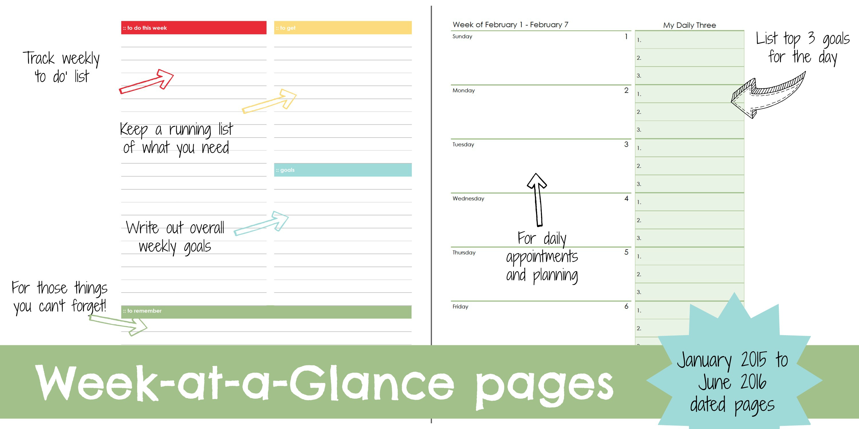 Planner pages week at a glance 1 2015 to 6 2016