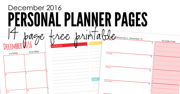 December 2016 personal planning pages from Homeschool Creations