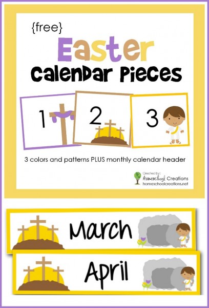 Easter pocket chart calendar pieces - a free printable with 3 colors and patterns with 2 monthly calendar headers