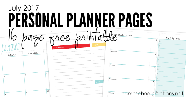 July personal planner pages from Homeschool Creations