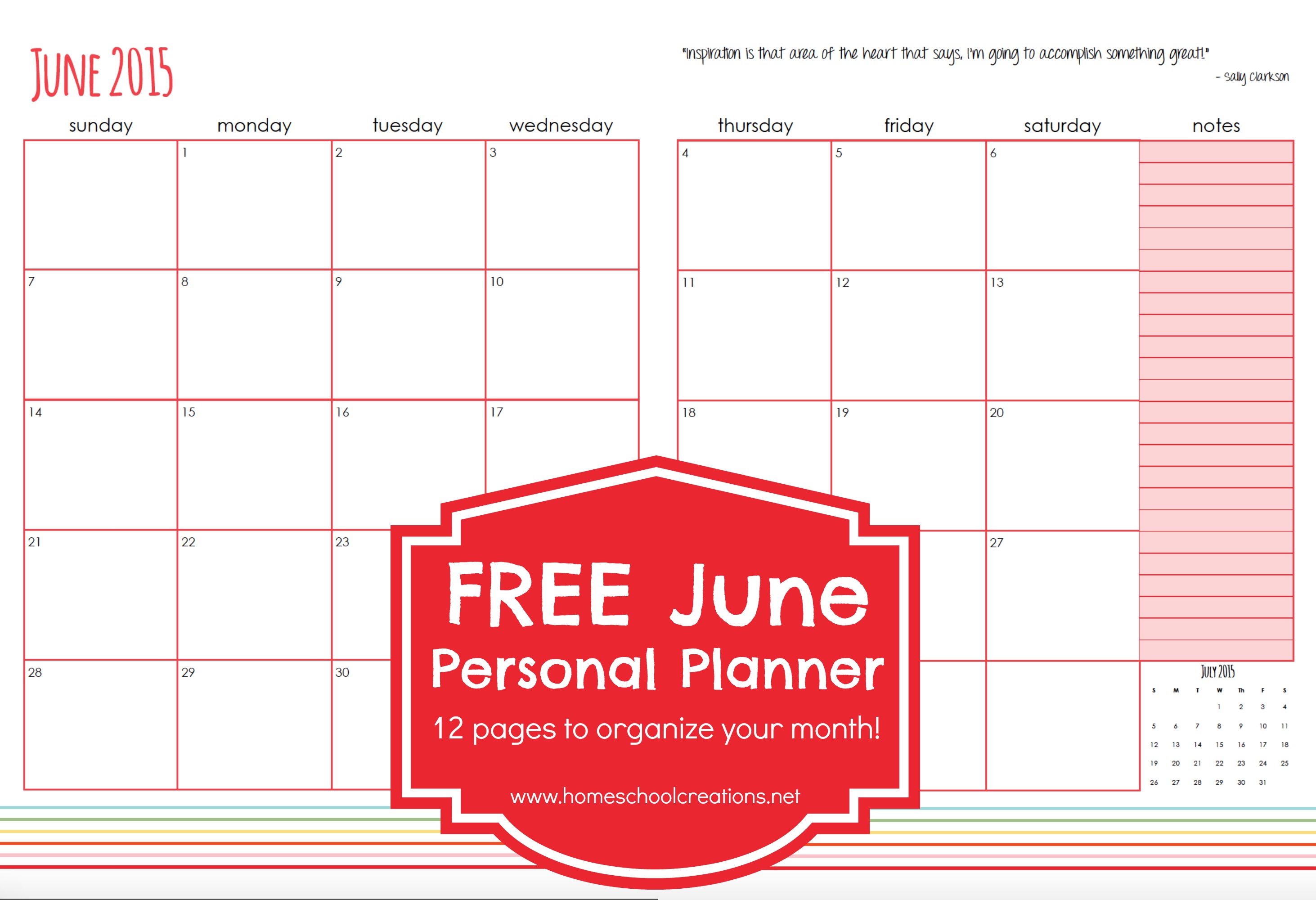 June Personal Planner Pages Free Printable