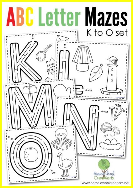 Letter Mazes letters K to O and coloring pages from Homeschool Creations