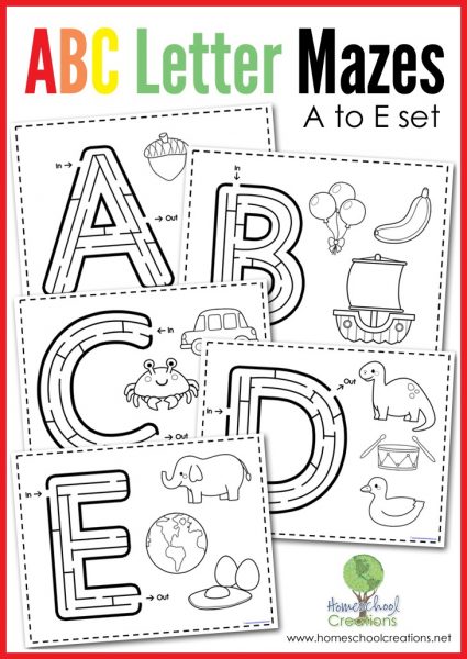 Letter mazes for letters a through e - mazes and coloring images for beginning sound