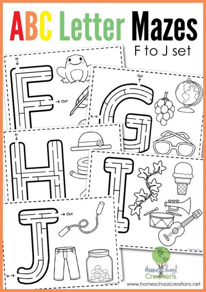 Letter mazes for letters f through j - free printable from Homeschool Creations