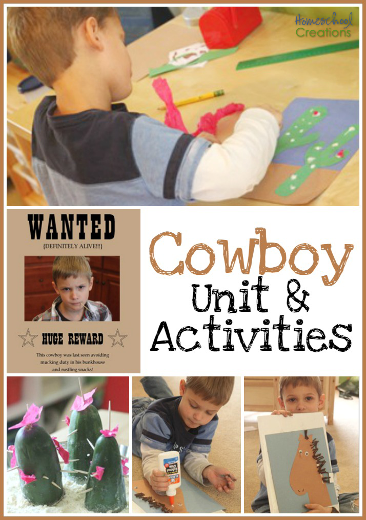 Cowboy Unit & Activities text with image collage of a boy learning about cowboys