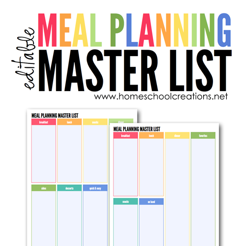 editable meal planning master list - organize meals by category for quick planning