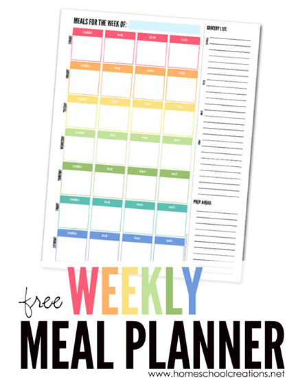 free weekly meal planner from Homeschool Creations - with room for 3 daily meals and snacks as well as shopping list and meal prep space